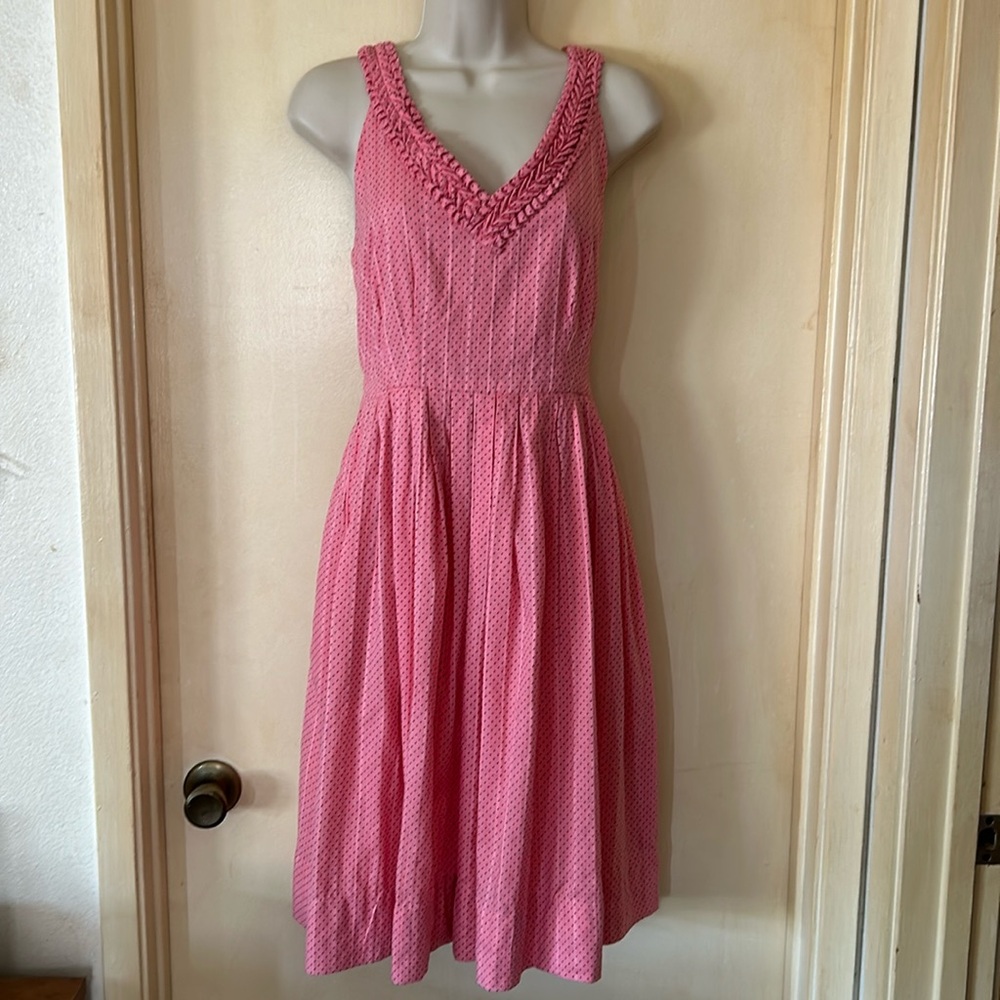 Moulinette soeurs pink with black polka dots cotton fit and flare dress size 6